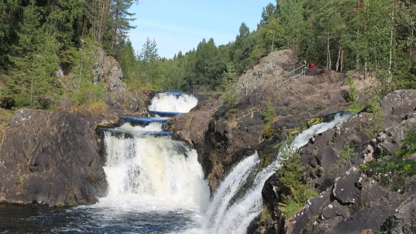 водопад, камни, лес