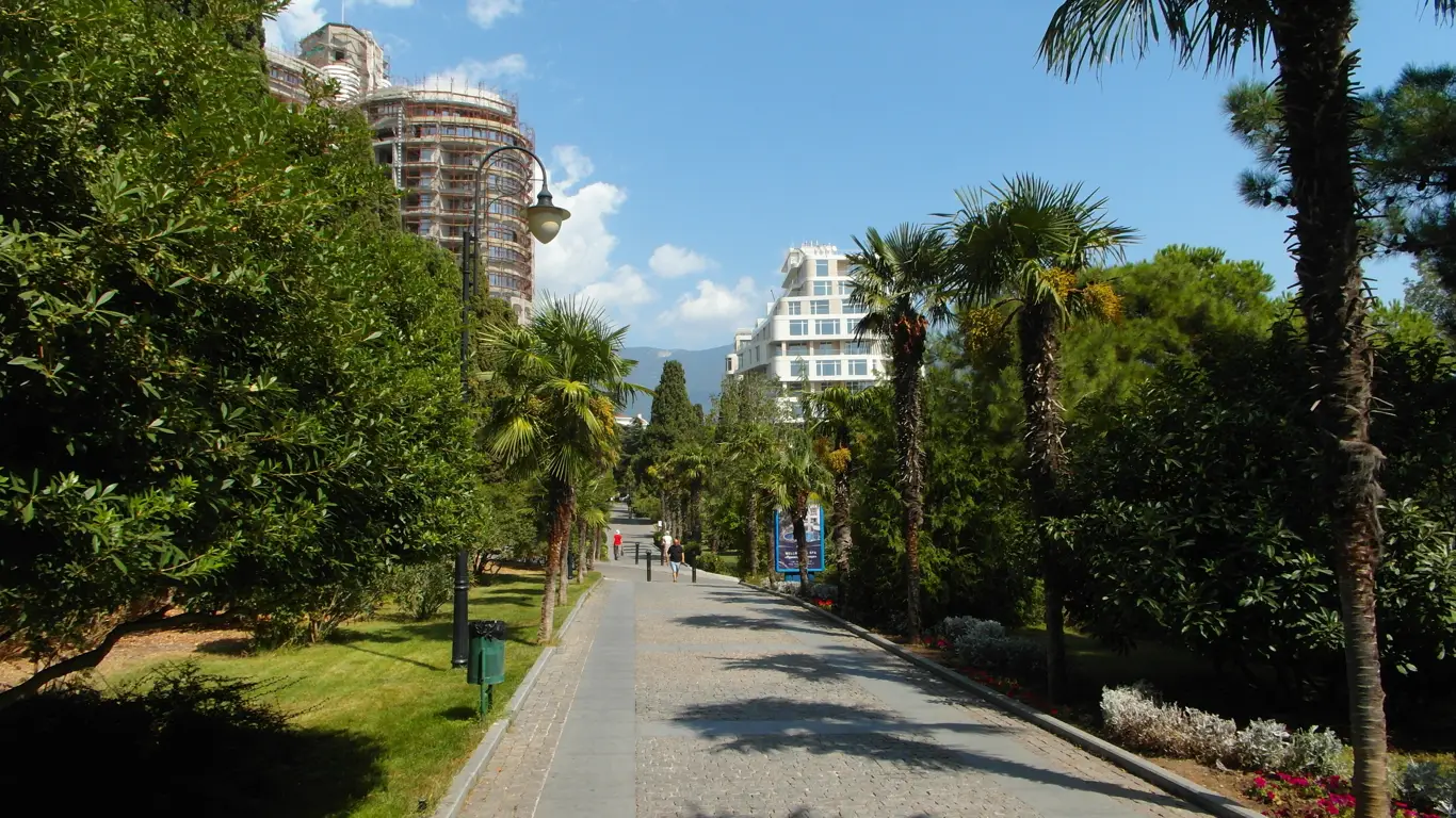 улица, дорога, пальмы, здания