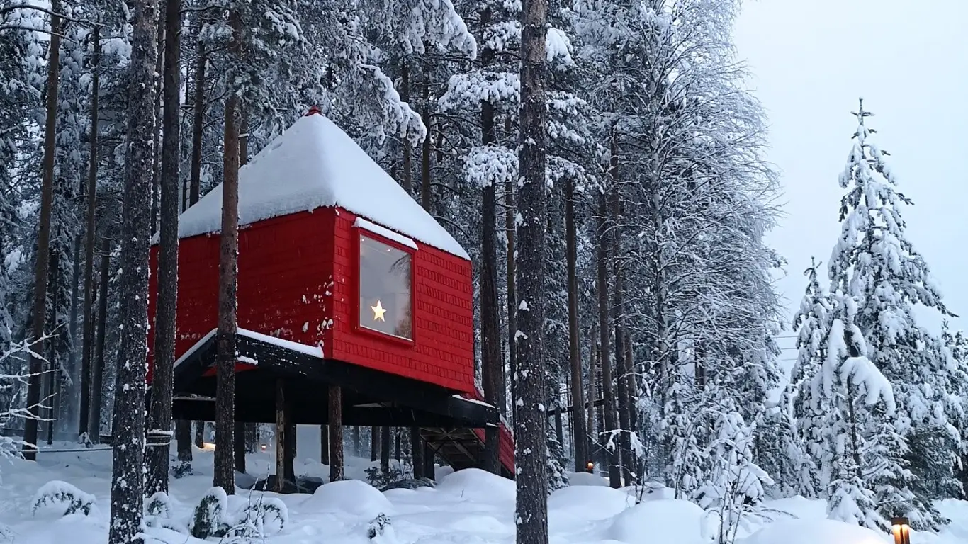 лес, снег, домик