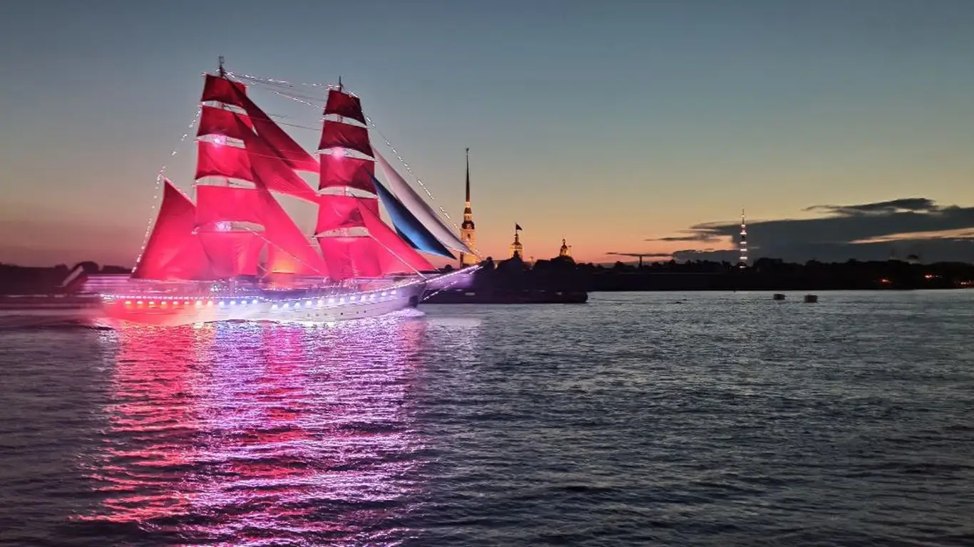 река, корабль, алые паруса