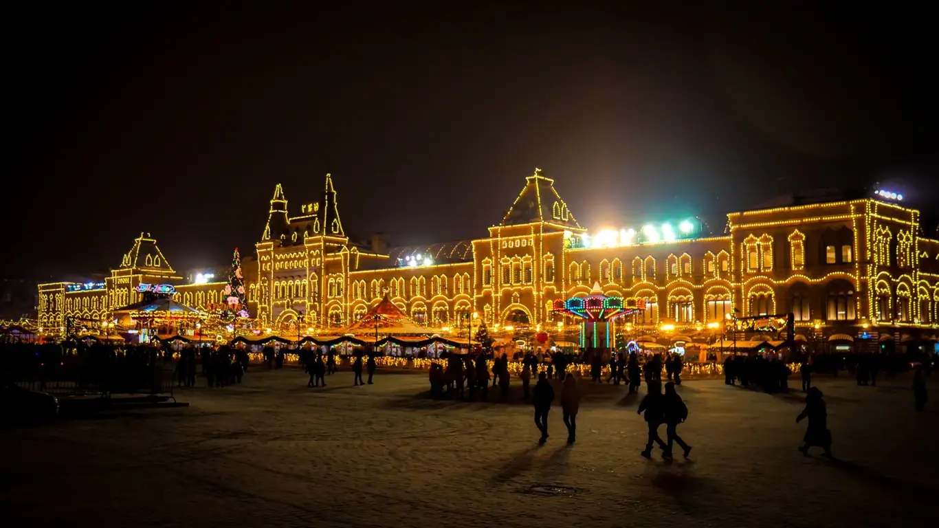 гум, здание, люди, огни